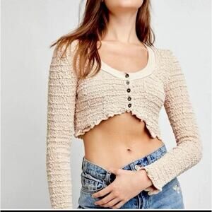 Free People womens Small tan cropped long sleeve cardigan boho top new button